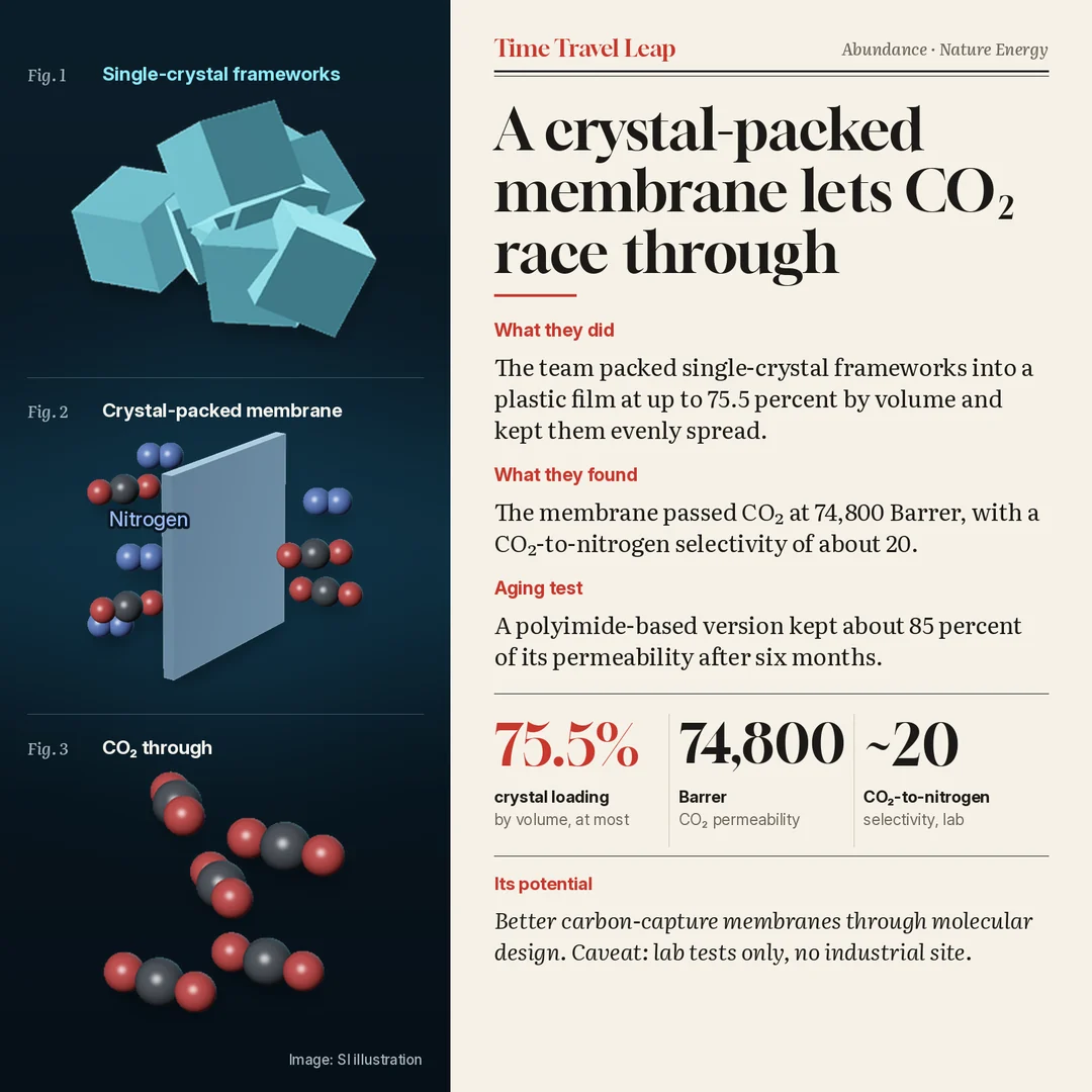 Infographic: three stacked figures beside the text show a cluster of cyan single-crystal frameworks; a translucent crystal-packed membrane with mostly nitrogen molecules held back on one side, and carbon dioxide molecules plus one nitrogen molecule on the other; and carbon dioxide molecules that came through. Panels explain that the team packed the crystals into a plastic film at up to 75.5 percent by volume, that the membrane passed CO2 at 74,800 Barrer with a CO2-to-nitrogen selectivity of about 20 and that a polyimide-based version kept about 85 percent of its permeability after six months. Cards: 75.5 percent crystal loading at most, 74,800 Barrer, selectivity about 20 in lab tests. Banner: lab tests only, no industrial site. Source: Nature Energy, Oct. 7, 2026.