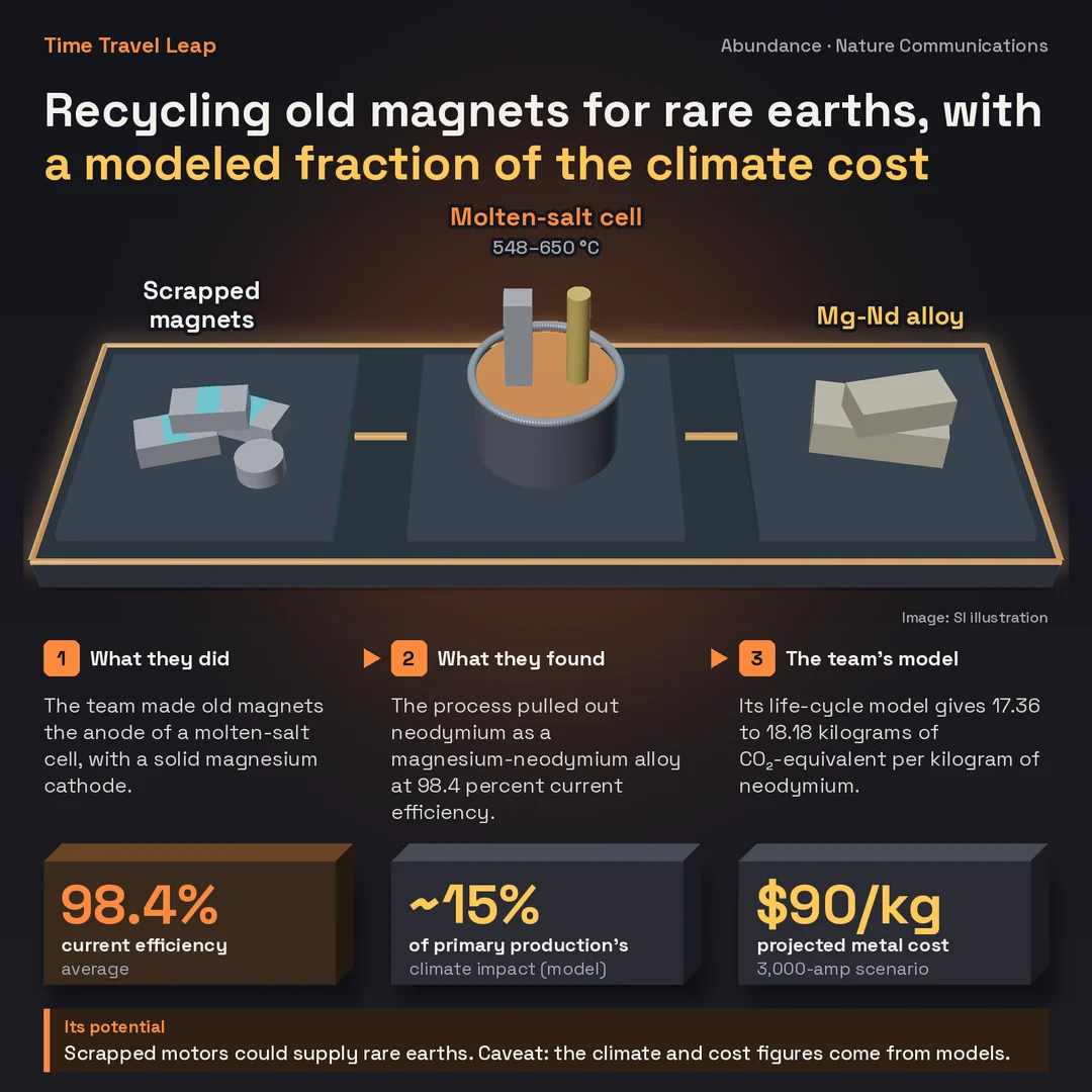 Infographic: a display table that runs left to right from a pile of scrapped magnets to a molten-salt cell at 548 to 650 degrees Celsius with two electrodes in glowing orange salt and ingots labeled Mg-Nd alloy. Panels explain that the team made old magnets the anode of a molten-salt cell with a magnesium cathode, that the process pulled out neodymium as a magnesium-neodymium alloy at 98.4 percent current efficiency and that the team's life-cycle model gives 17.36 to 18.18 kilograms of CO2-equivalent per kilogram of neodymium. Cards: 98.4 percent average current efficiency, about 15 percent of primary production's climate impact (model), $90 per kilogram projected cost in a 3,000-amp scenario. Banner: the climate and cost figures come from models. Source: Nature Communications, Oct. 13, 2026.