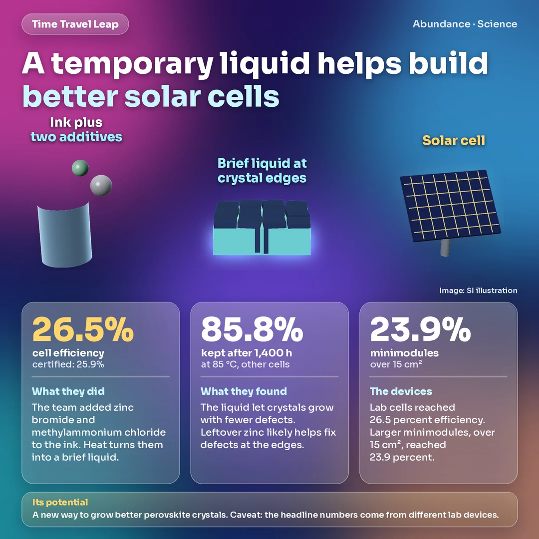 Infographic: a beaker of perovskite ink with two additive spheres, a block of crystal grains with glowing liquid at their edges and a solar cell. Panels explain that the team added zinc bromide and methylammonium chloride to the ink, that the brief liquid let crystals grow with fewer defects and that lab cells reached 26.5 percent efficiency while larger minimodules reached 23.9 percent. Cards: 26.5 percent cell efficiency (25.9 percent independently certified), 85.8 percent kept after 1,400 hours at 85 degrees Celsius in separate cells, 23.9 percent for minimodules over 15 square centimeters. Banner: the headline numbers come from different lab devices. Source: Science, Oct. 8, 2026.