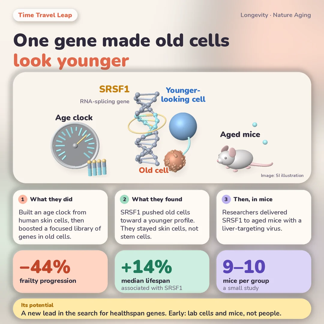 Infographic: an age-clock gauge beside test tubes; a DNA strand with a glowing section labeled SRSF1, an RNA-splicing gene; an old orange cell linked to a younger-looking blue cell; and a mouse labeled aged mice. Panels explain that researchers built an age clock from human skin cells and boosted a focused library of genes in old cells, that SRSF1 pushed old cells toward a younger profile while they stayed skin cells and that researchers delivered SRSF1 to aged mice with a liver-targeting virus. Results: frailty progression down 44 percent, median lifespan up 14 percent (associated with SRSF1), nine to 10 mice per group. Banner: early result in lab cells and mice, not people. Source: Nature Aging, Oct. 14, 2026.